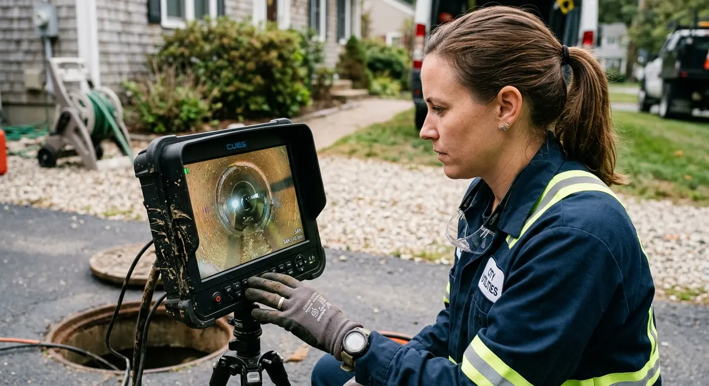 Technician reviewing sewer camera inspection footage in Lanett