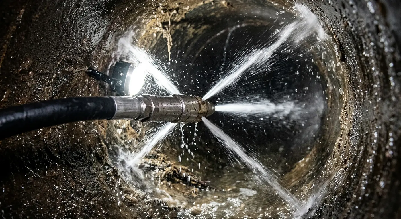 High-pressure hydro jetting nozzle cleaning sewer pipe for Emergency Drain Service in Lanett