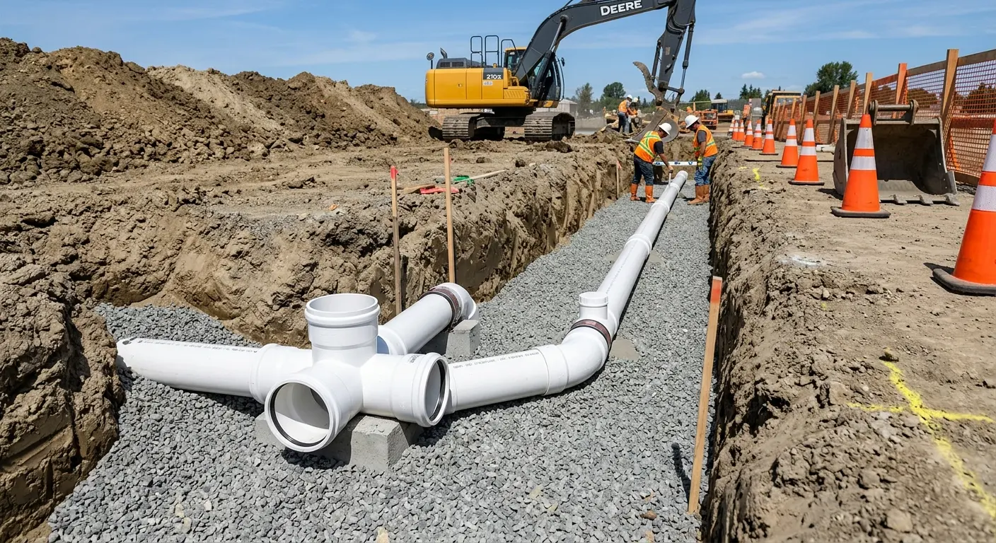 New PVC sewer pipe installation in open trench for Sewer Backup in Lanett