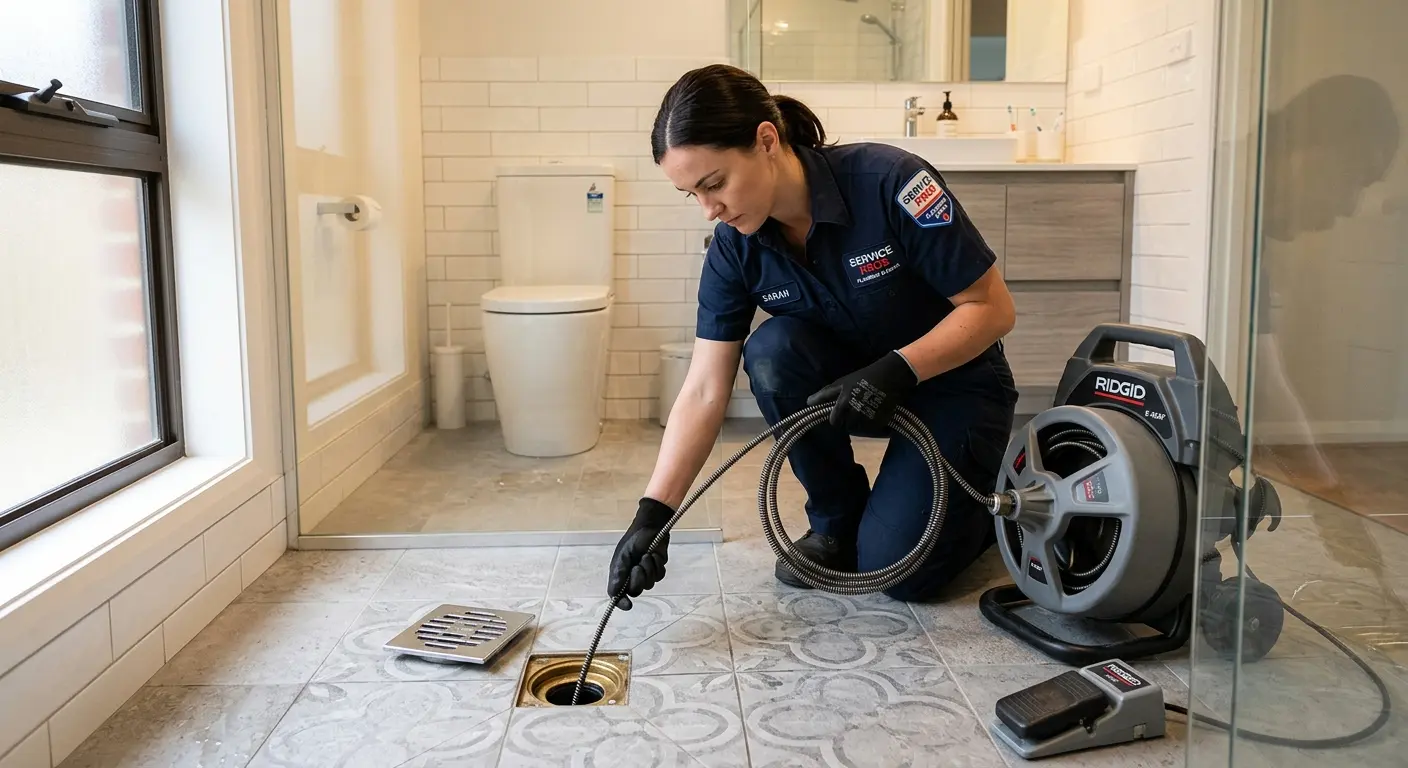 Technician clearing a bathroom floor drain for Drain Repair in Lanett
